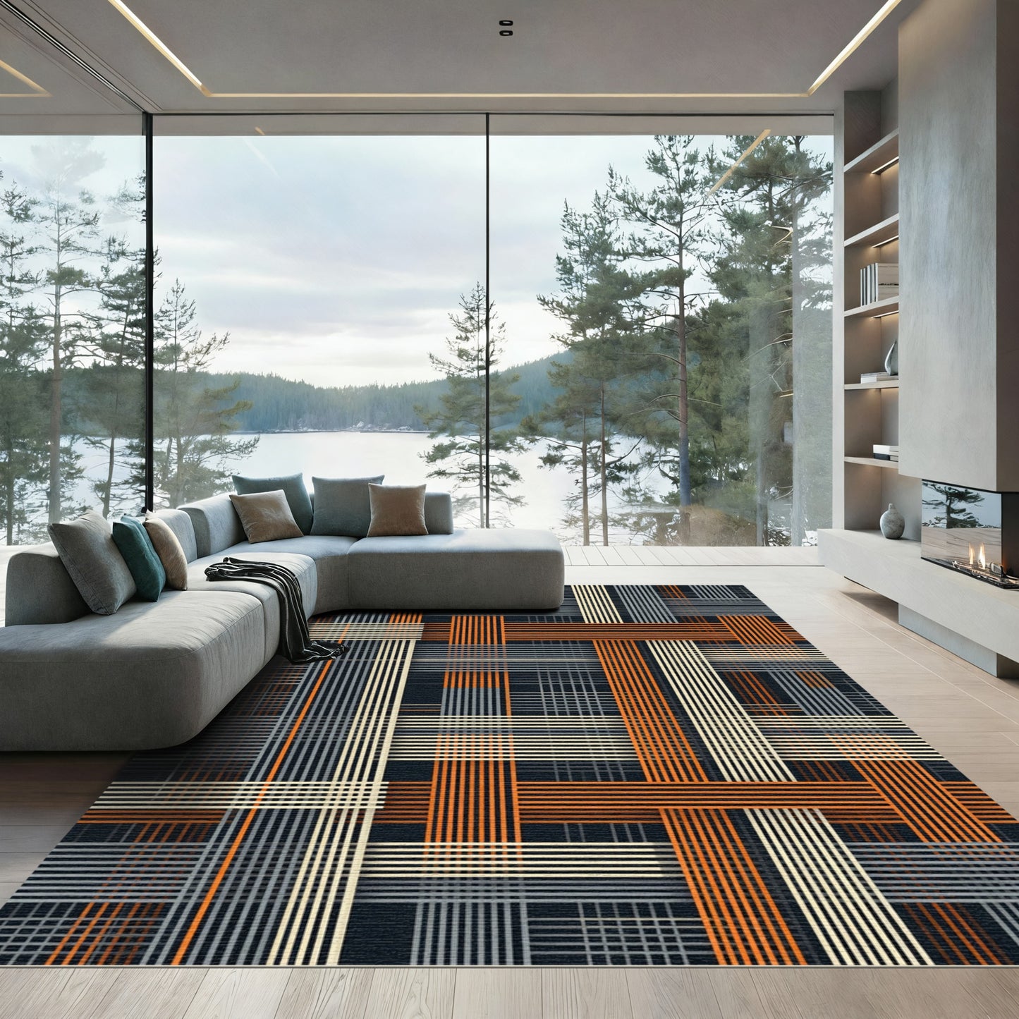 Modern Minimalist Burnt Orange Plaid Grid Rug
