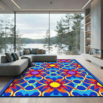 Vibrant Royal Blue Abstract Floral Medallion Rug
