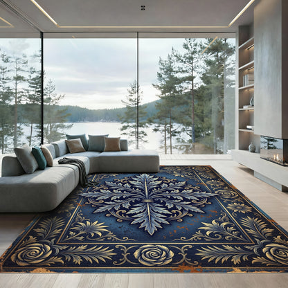 Ornate Navy Acanthus Leaf Floral Medallion Rug