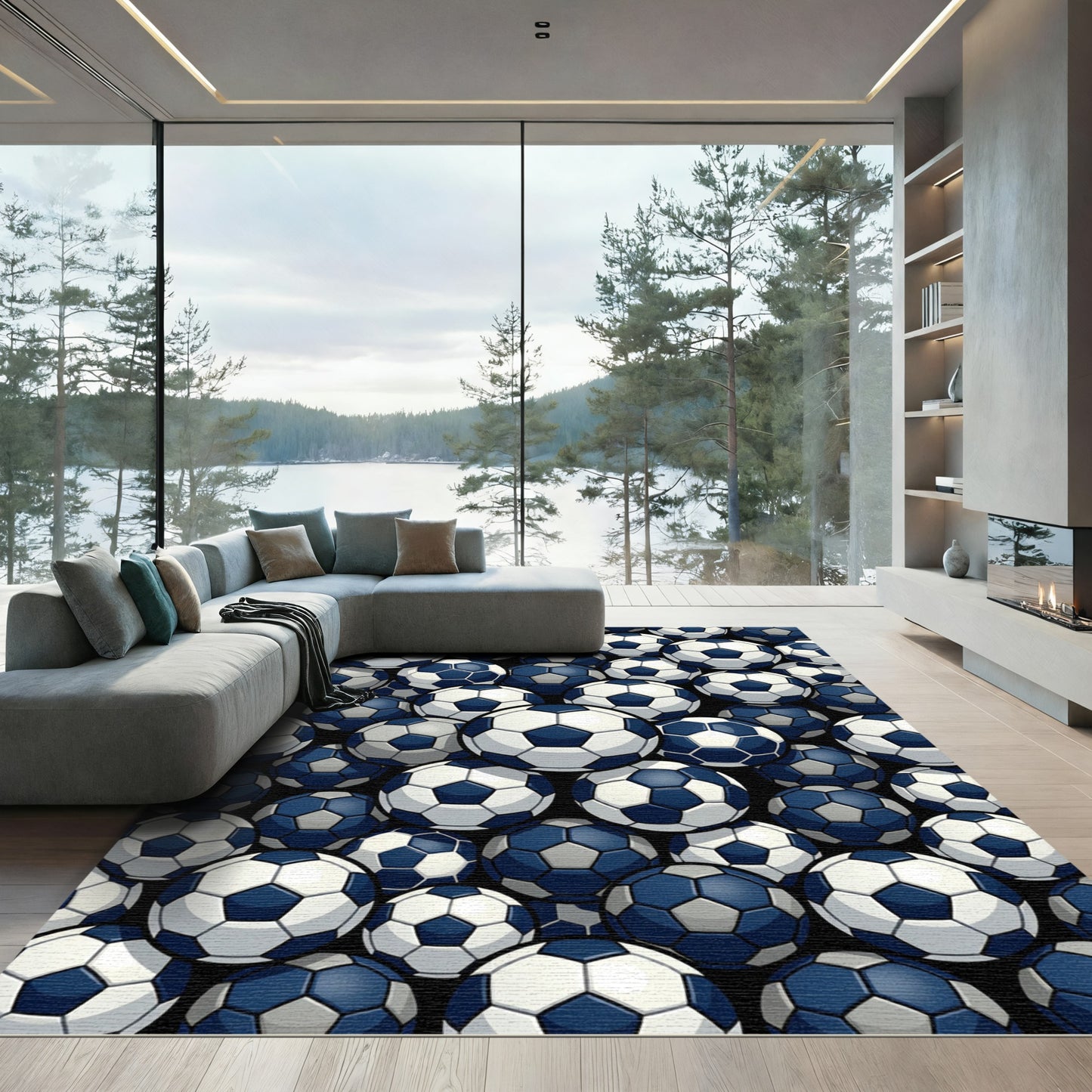 Dynamic Blue And White Soccer Ball Rug