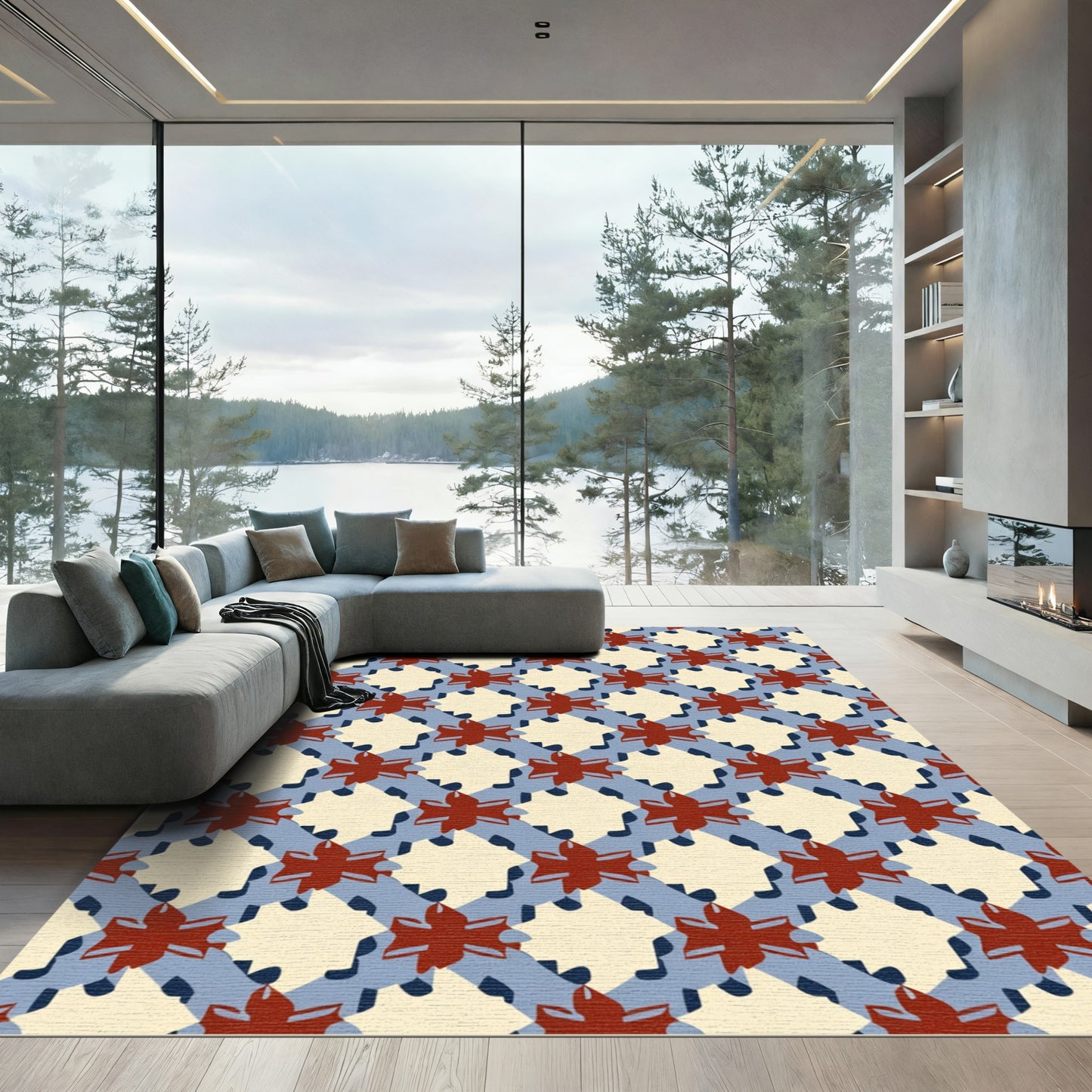 Red Star Intersecting Blue Lattice Rug