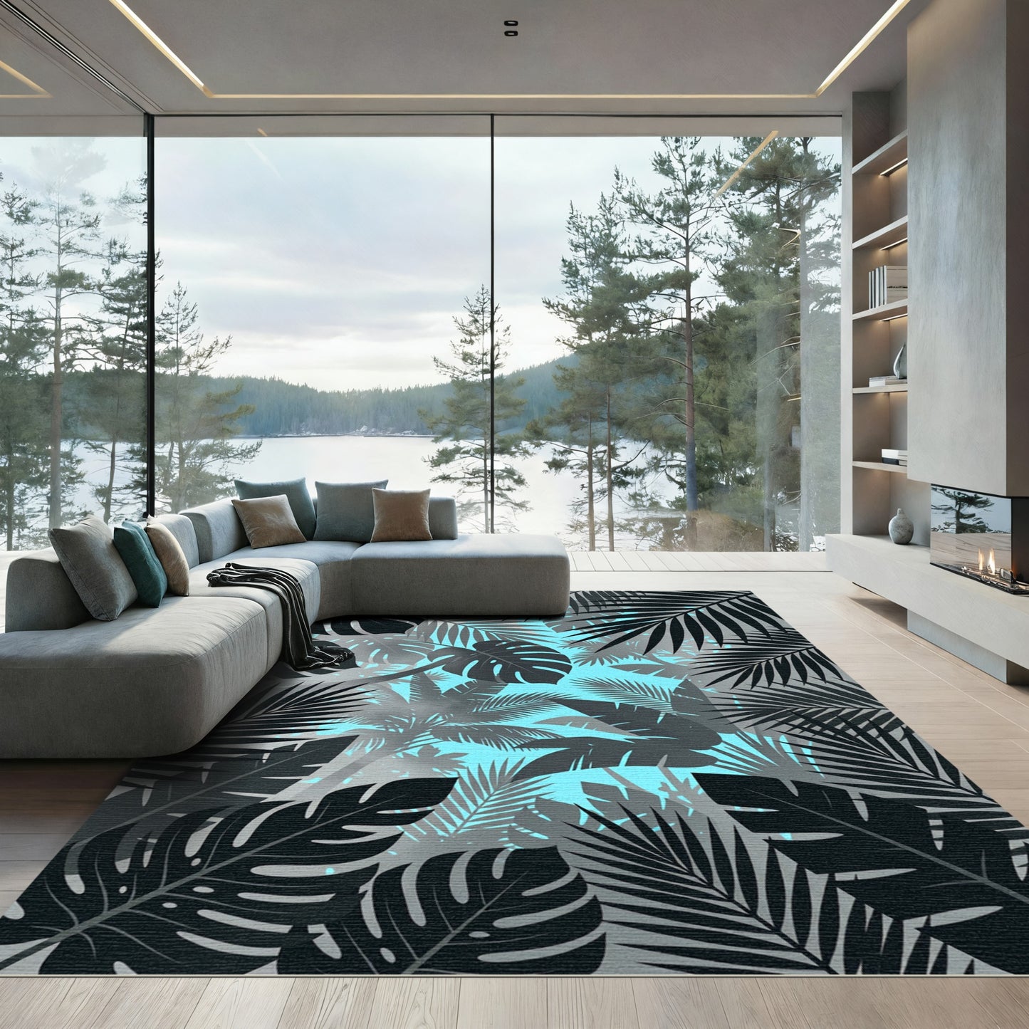 Tropical Black and Blue Leafscape Rug