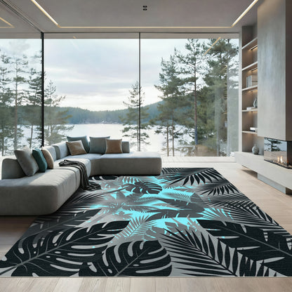 Tropical Black and Blue Leafscape Rug
