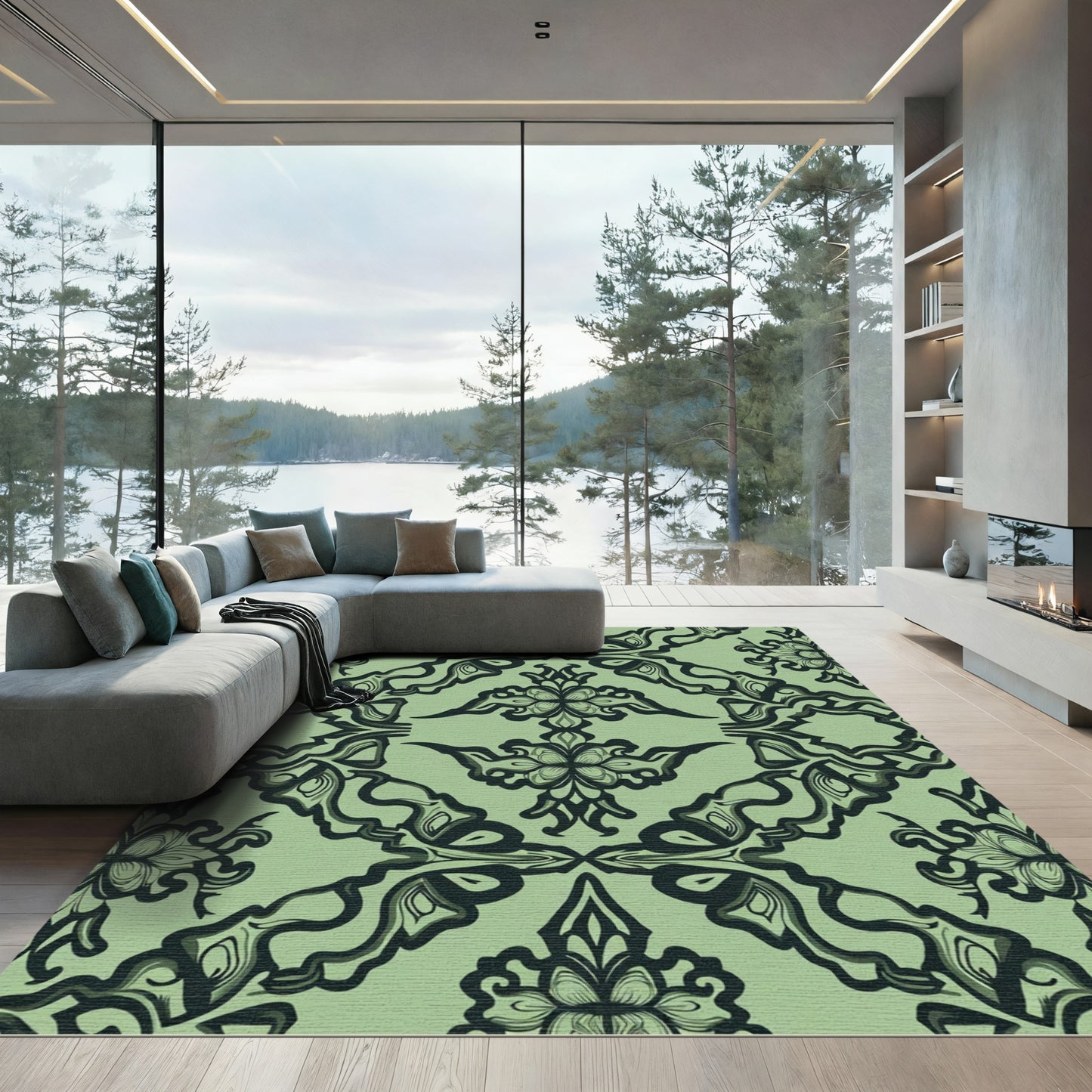 Sage Green Ornate Floral Scroll Rug
