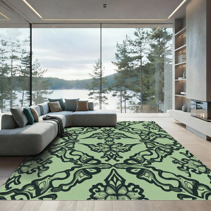 Sage Green Ornate Floral Scroll Rug