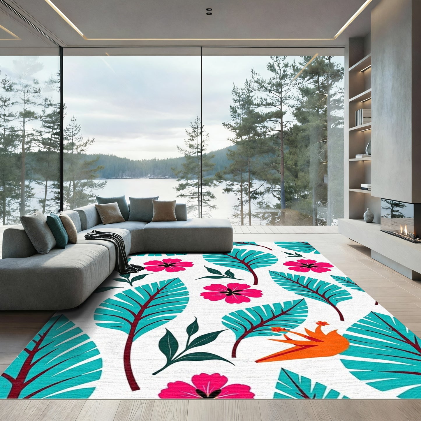 Bright Orange Bird Tropical Leaf Arrangement Rug