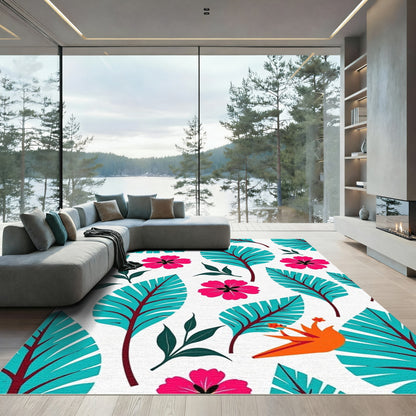 Bright Orange Bird Tropical Leaf Arrangement Rug