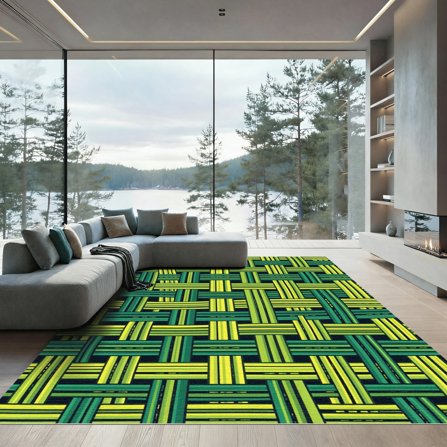 Modern Woven Lime Green Plaid Rug