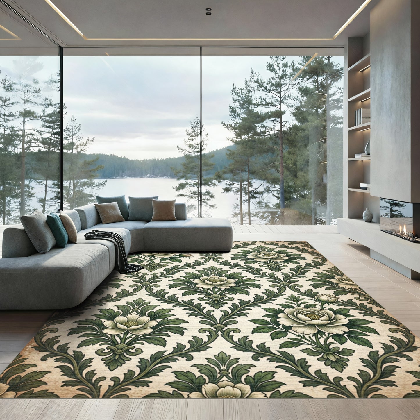 Victorian Cream and Olive Floral Damask Rug