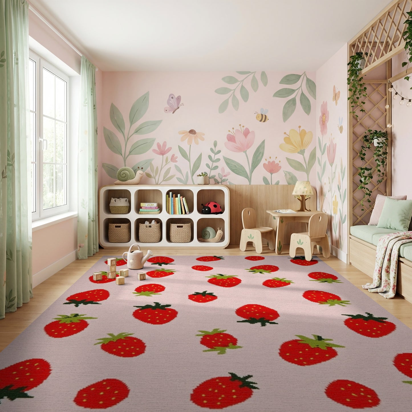 Whimsical Red Strawberry Pink Scatter Rug