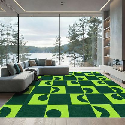 Lime Green Checkerboard Abstract Swirl Rug