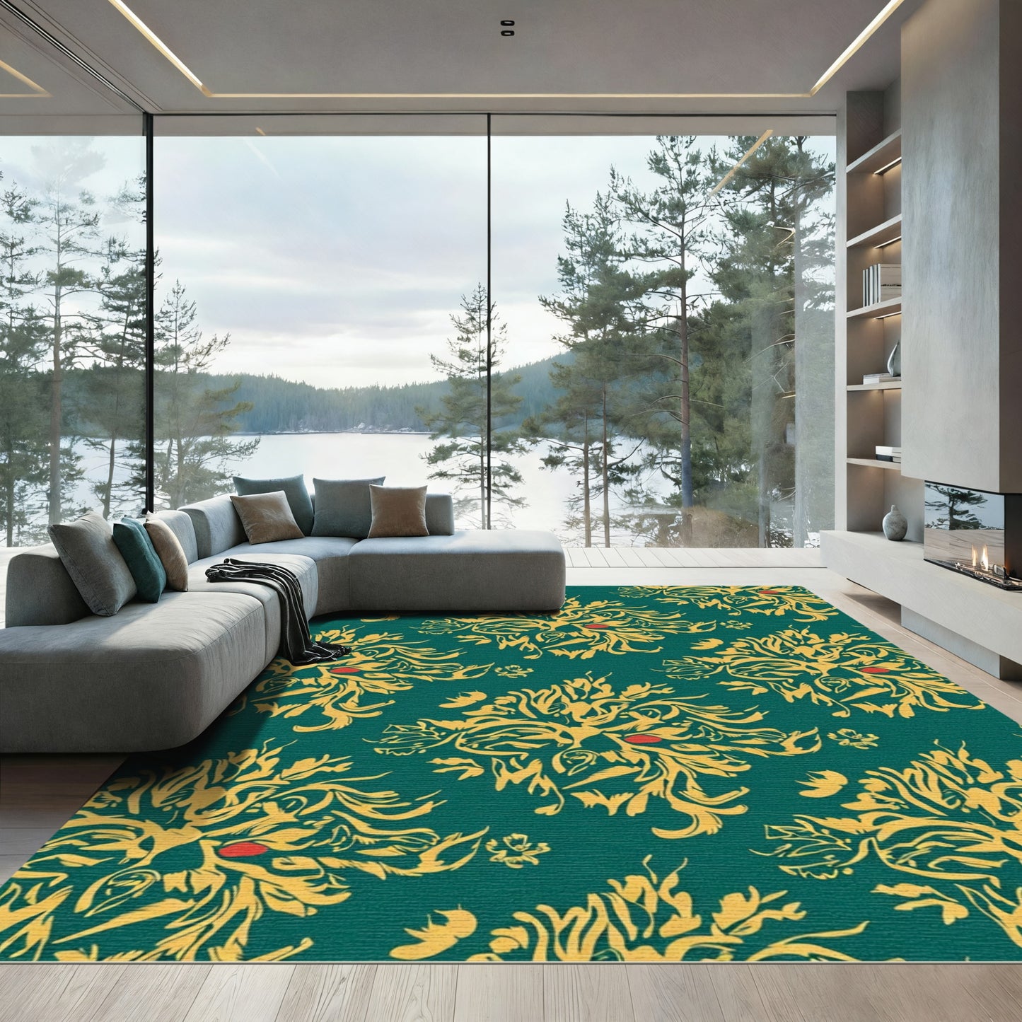 Golden Lion Medallion Teal Rug