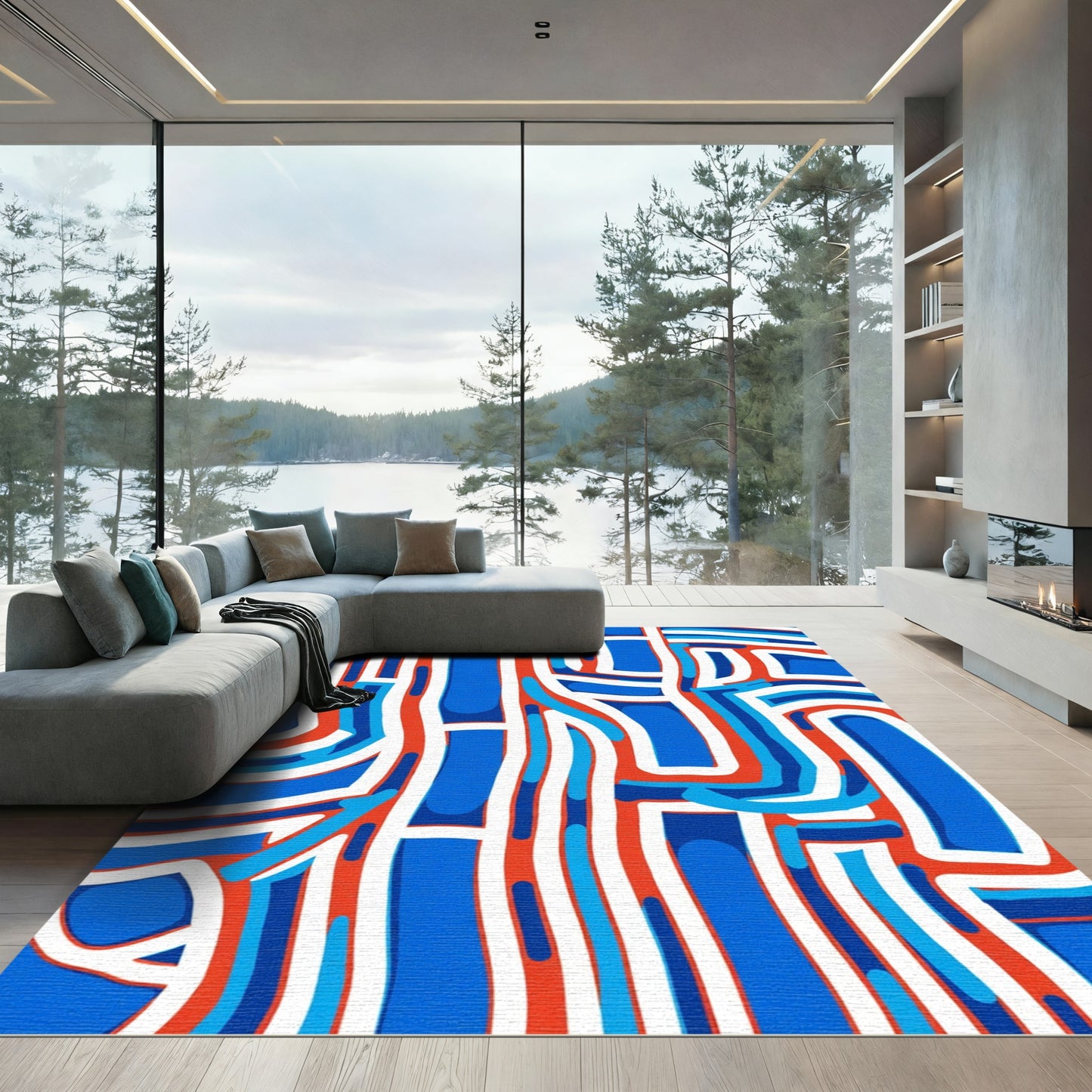 Bold Red Blue Abstract Intertwined Lines Rug
