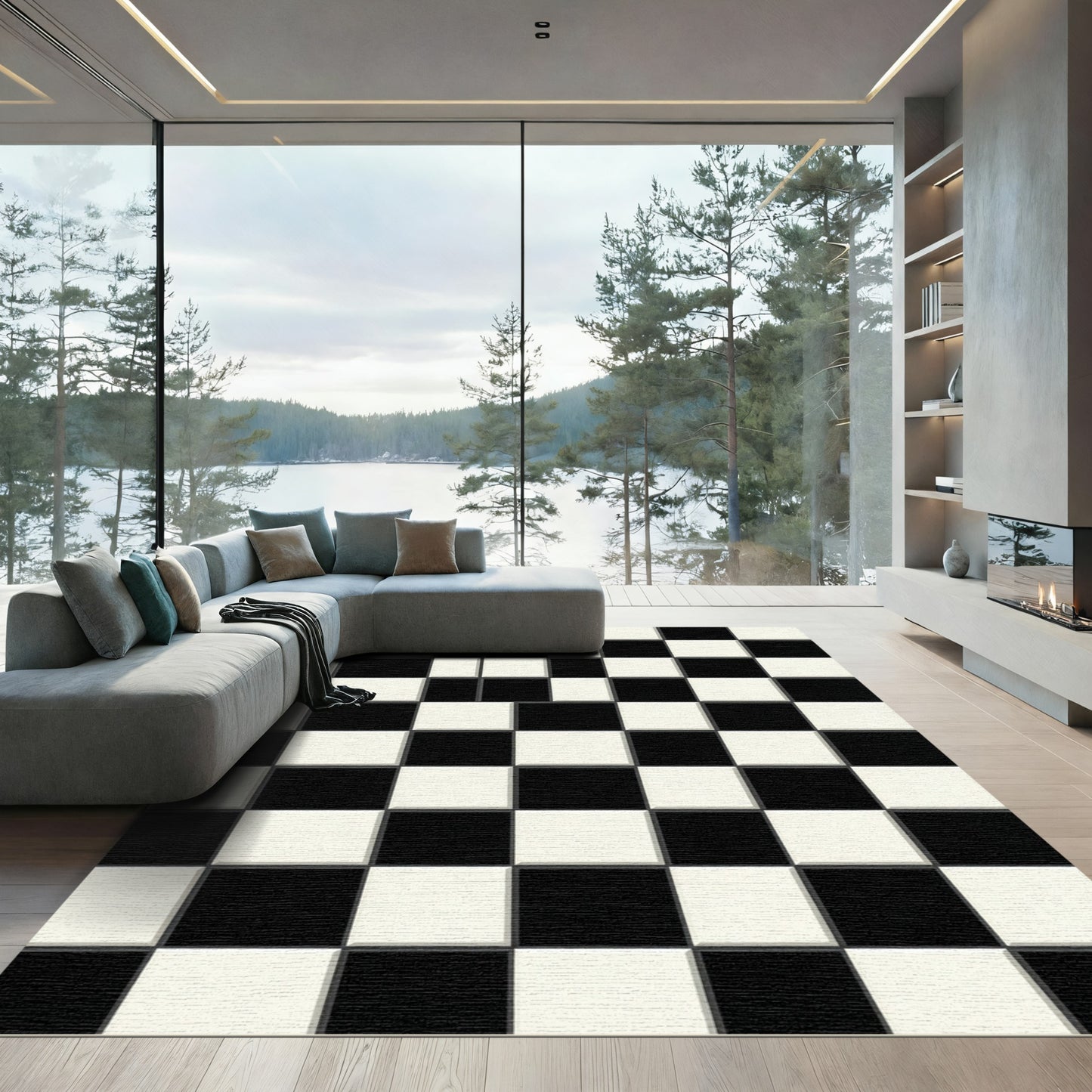 Modern Monochrome Black and White Checkerboard Rug