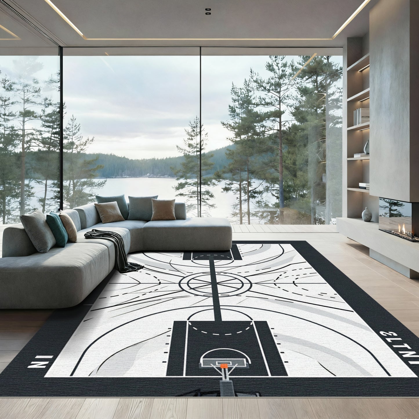 Minimalist Basketball Court Monochrome Geometric Floor Art Rug