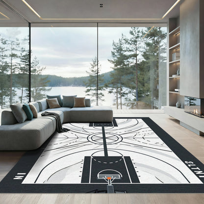 Minimalist Basketball Court Monochrome Geometric Floor Art Rug