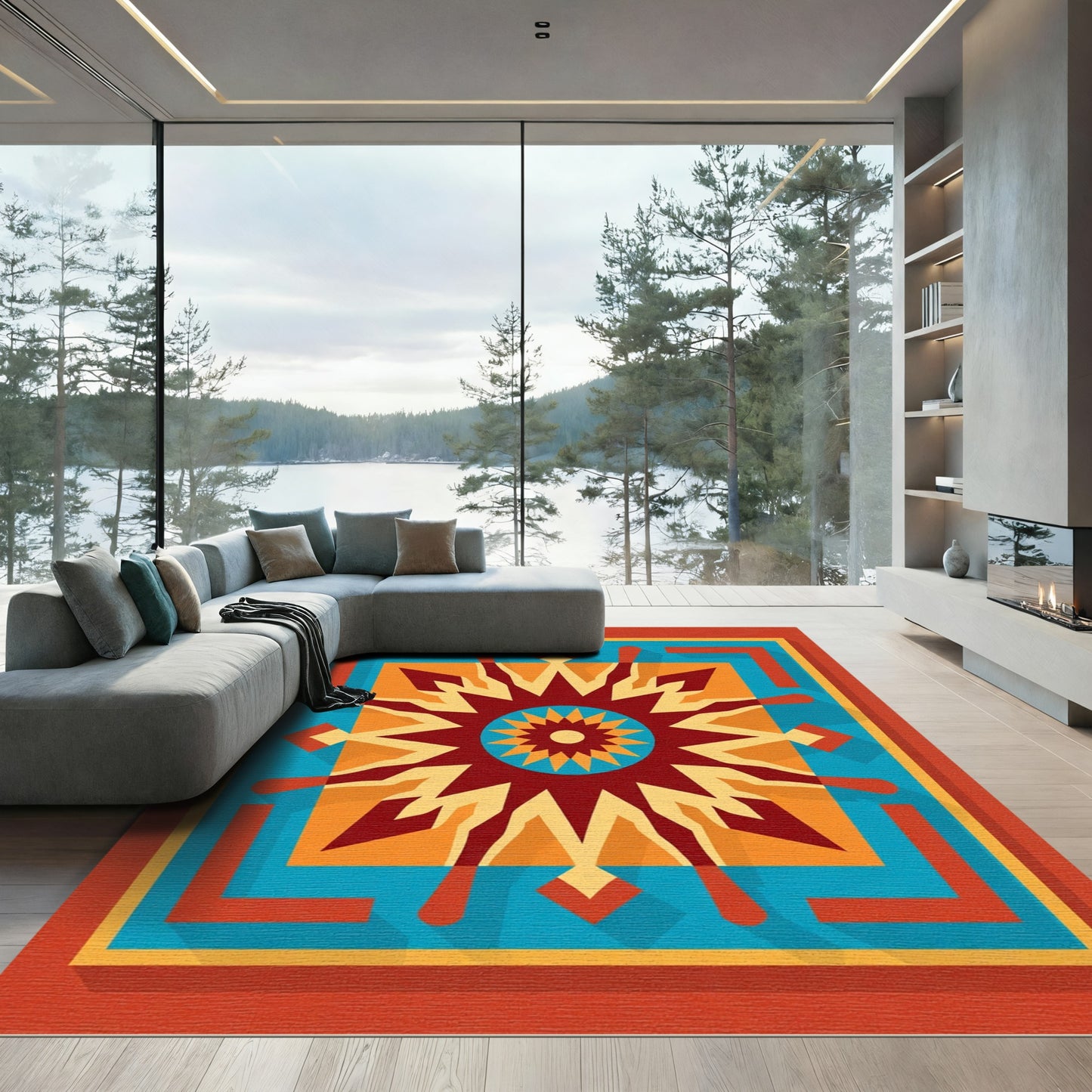 Retro Teal Orange Starburst Rug