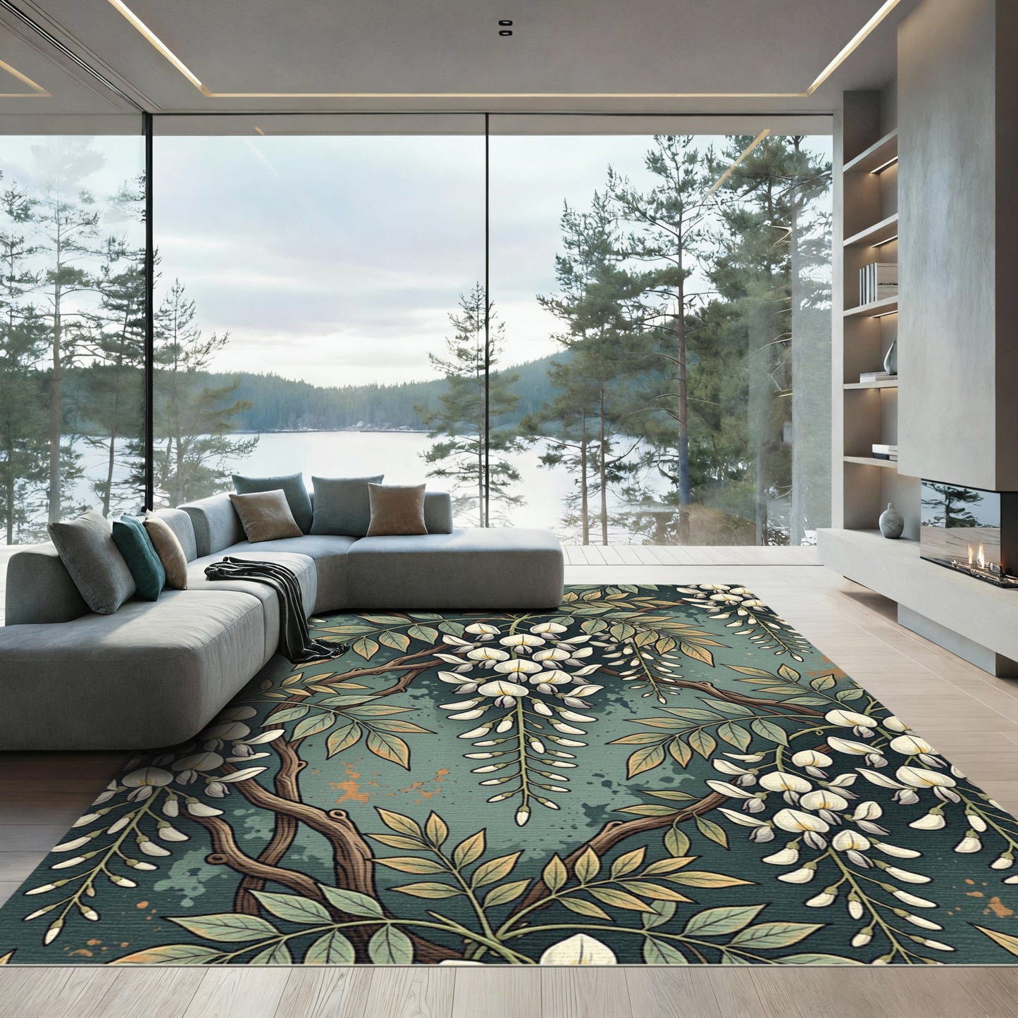 Elegant White Wisteria Botanical Sage Rug