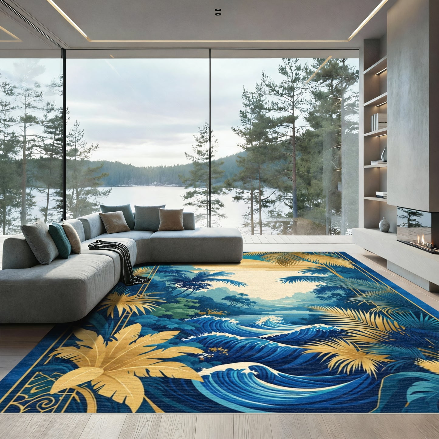 Golden Sunset Tropical Palm Wave Scenery Rug