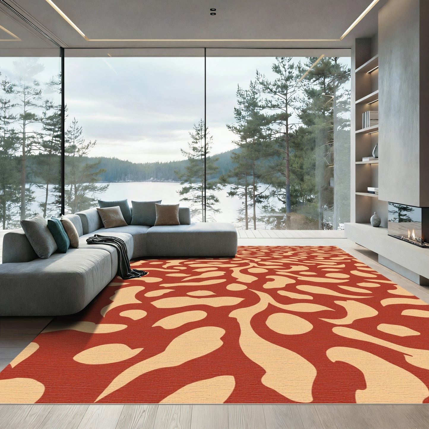 Red Beige Organic Swirl Abstract Rug