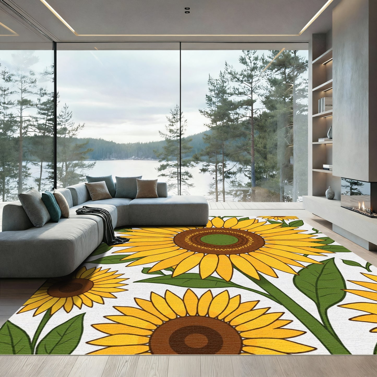 Golden Sunflowers With Green Leaves Rug