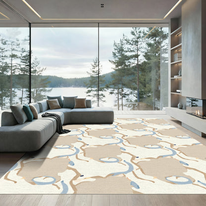 Abstract Tan Blue Swirls Rug