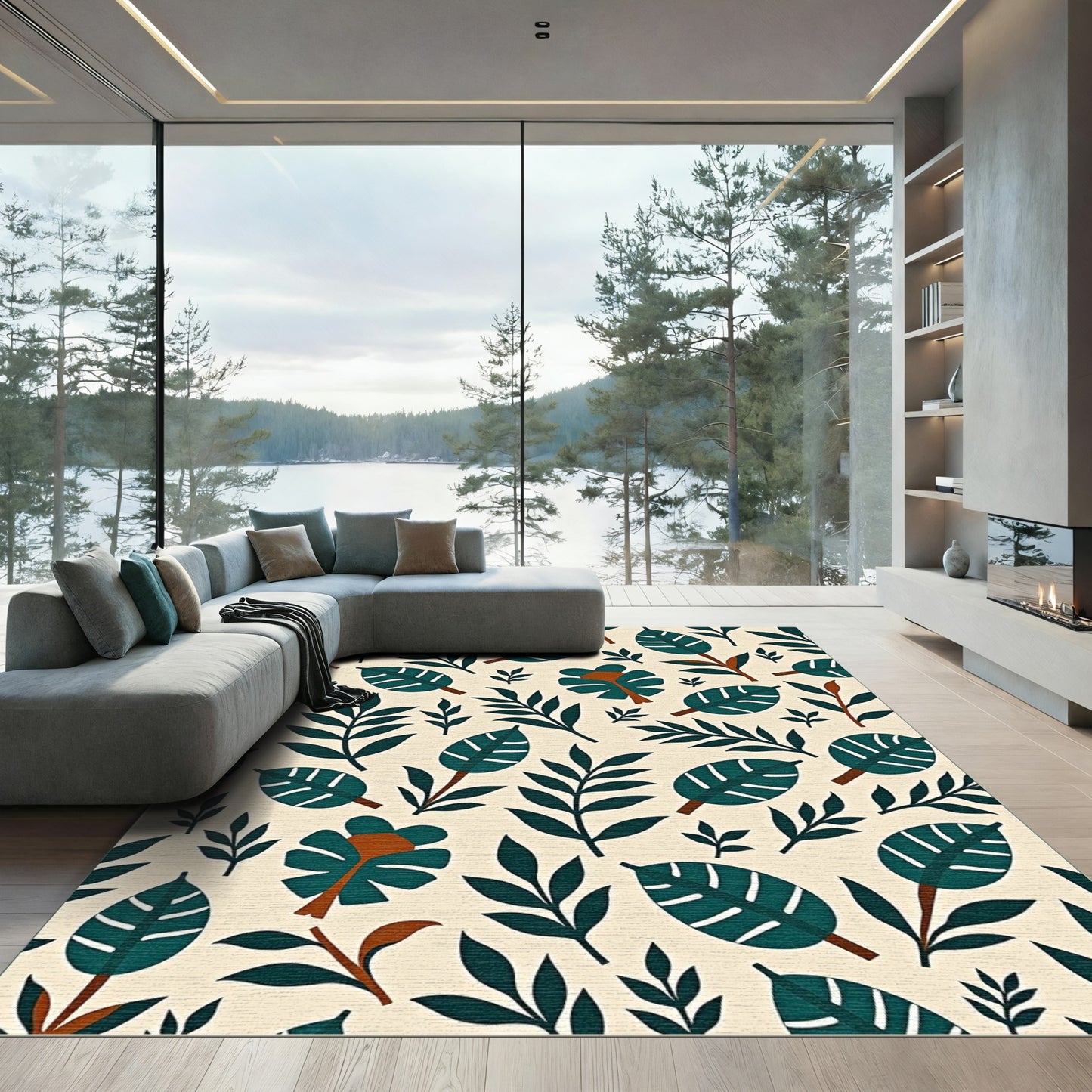 Deep Teal Leafy Tropical Collage Rug