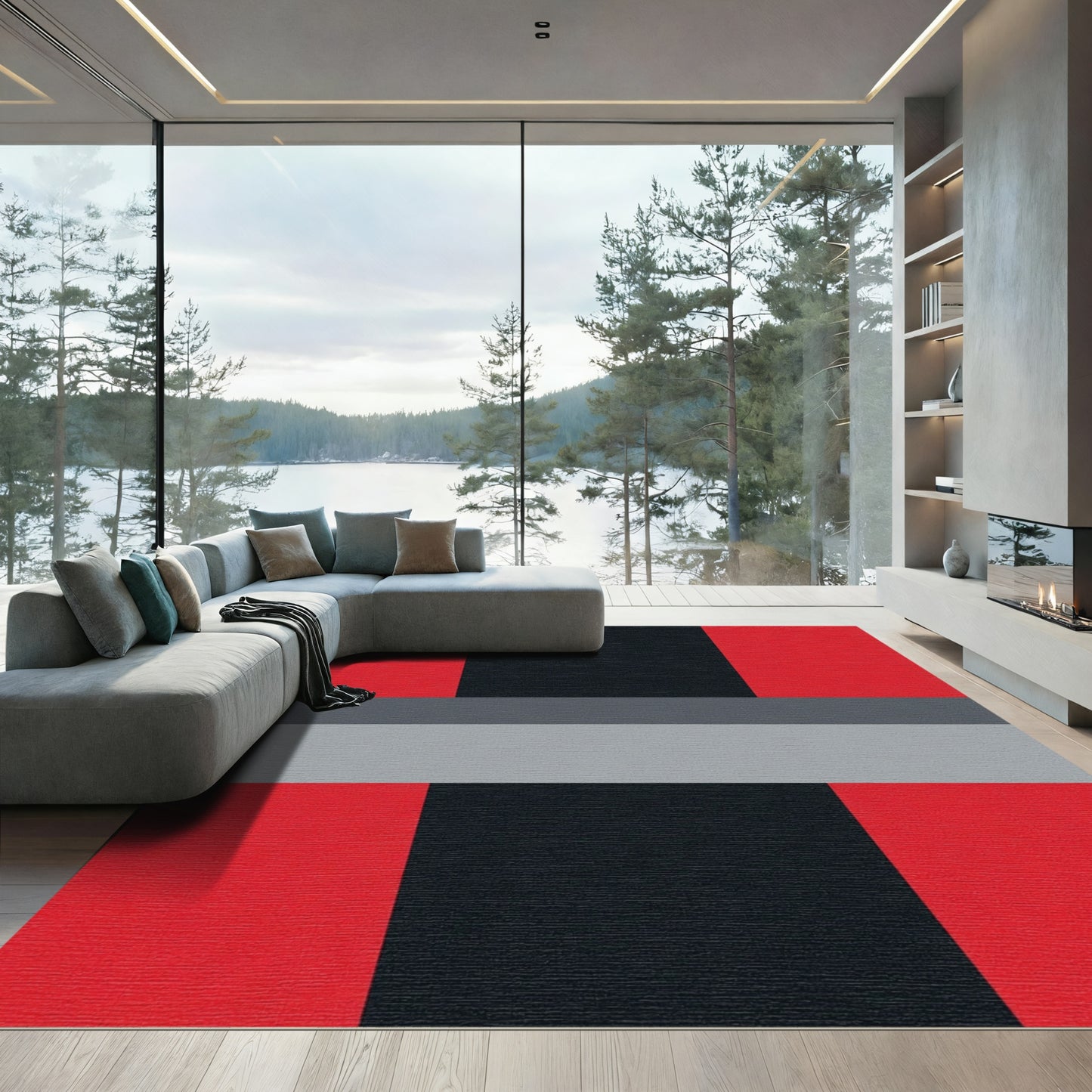 Bold Red Black Gray Geometric Stripes Rug
