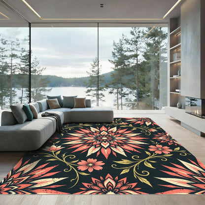 Coral Lotus Floral Dark Botanical Rug