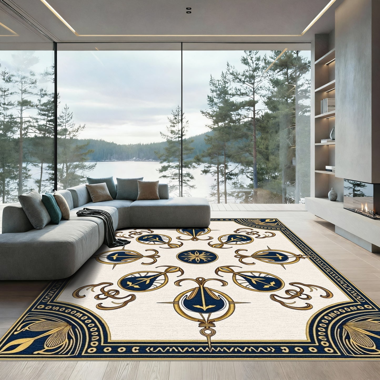 Ornate Navy Gold Compass Motif Rug