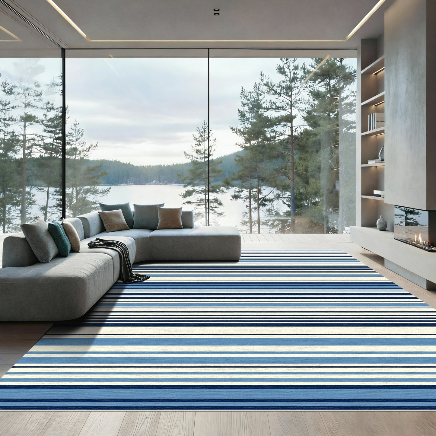 Naval Blue Cream Horizontal Stripe Rug
