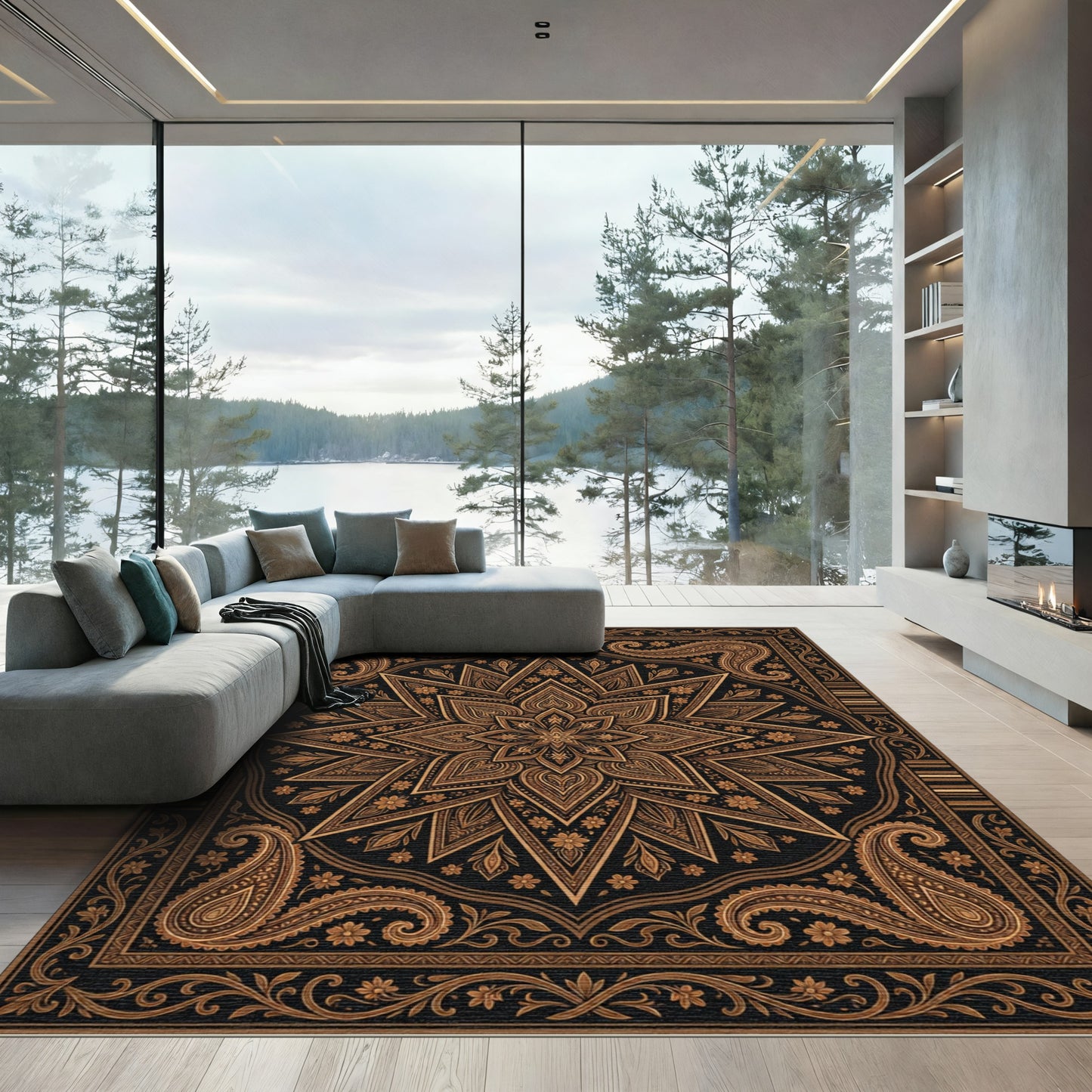 Earthy Bronze Ornate Star Floral Tapestry Rug