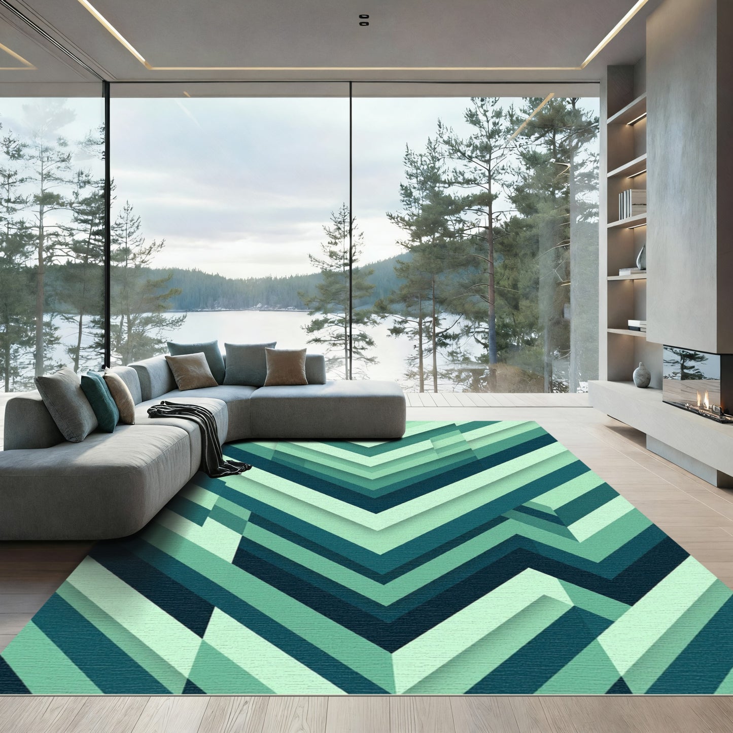Teal Chevron Layered Geometric Rug