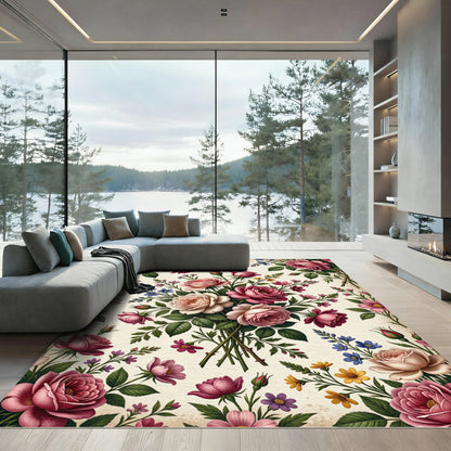 Romantic Pink Rose Garden Bouquet Rug