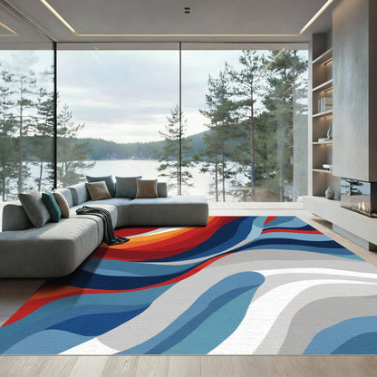 Red Blue White Abstract Flow Rug