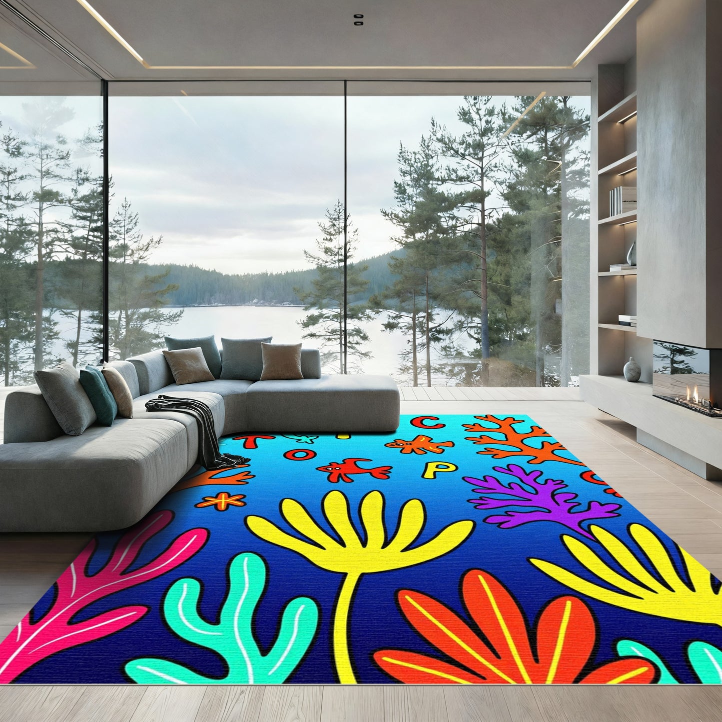 Bright Coral Fish Alphabet Underwater Scene Rug