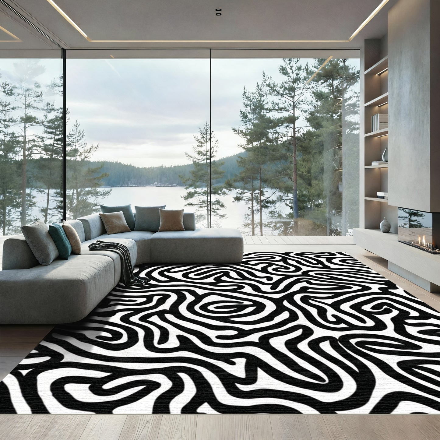 Monochromatic Black White Abstract Swirls Rug