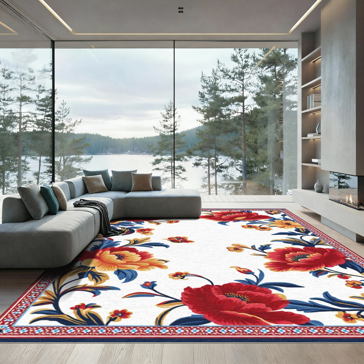 Bold Red Yellow Floral Garden Rug