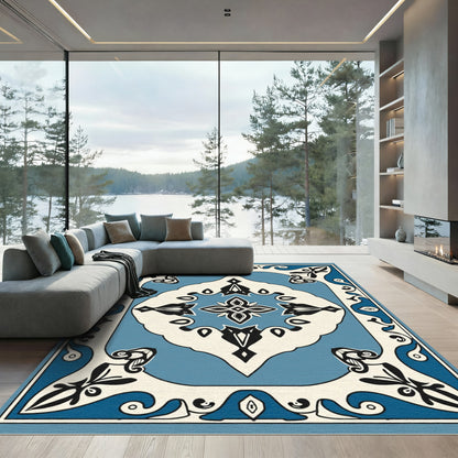 Ornate Blue Ivory Botanical Scroll Rug