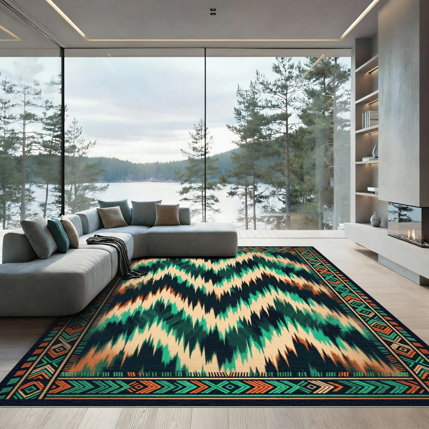 Teal and Ochre Ikat Chevron Area Rug