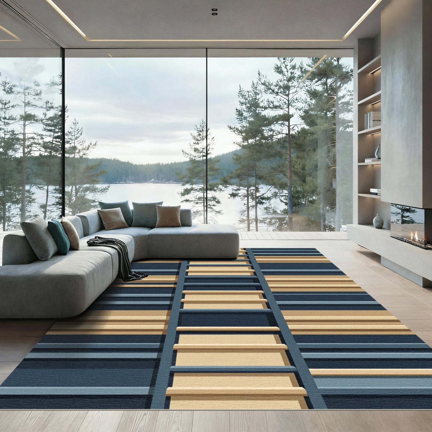 Navy Tan Linear Ladder Rug