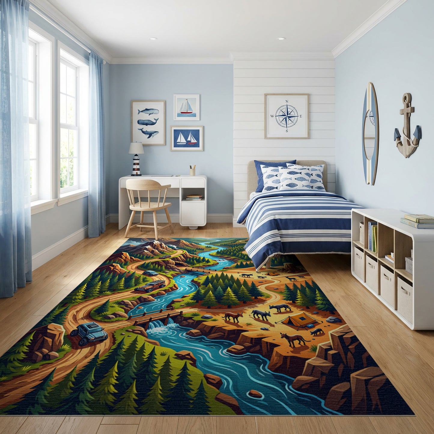 Vibrant Winding River Mountain Forest Rug