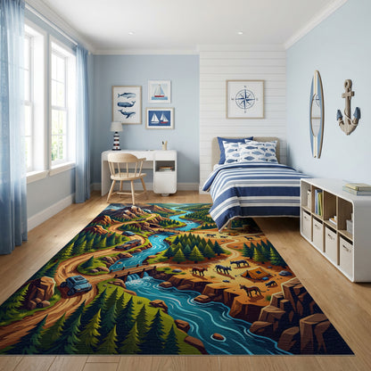 Vibrant Winding River Mountain Forest Rug