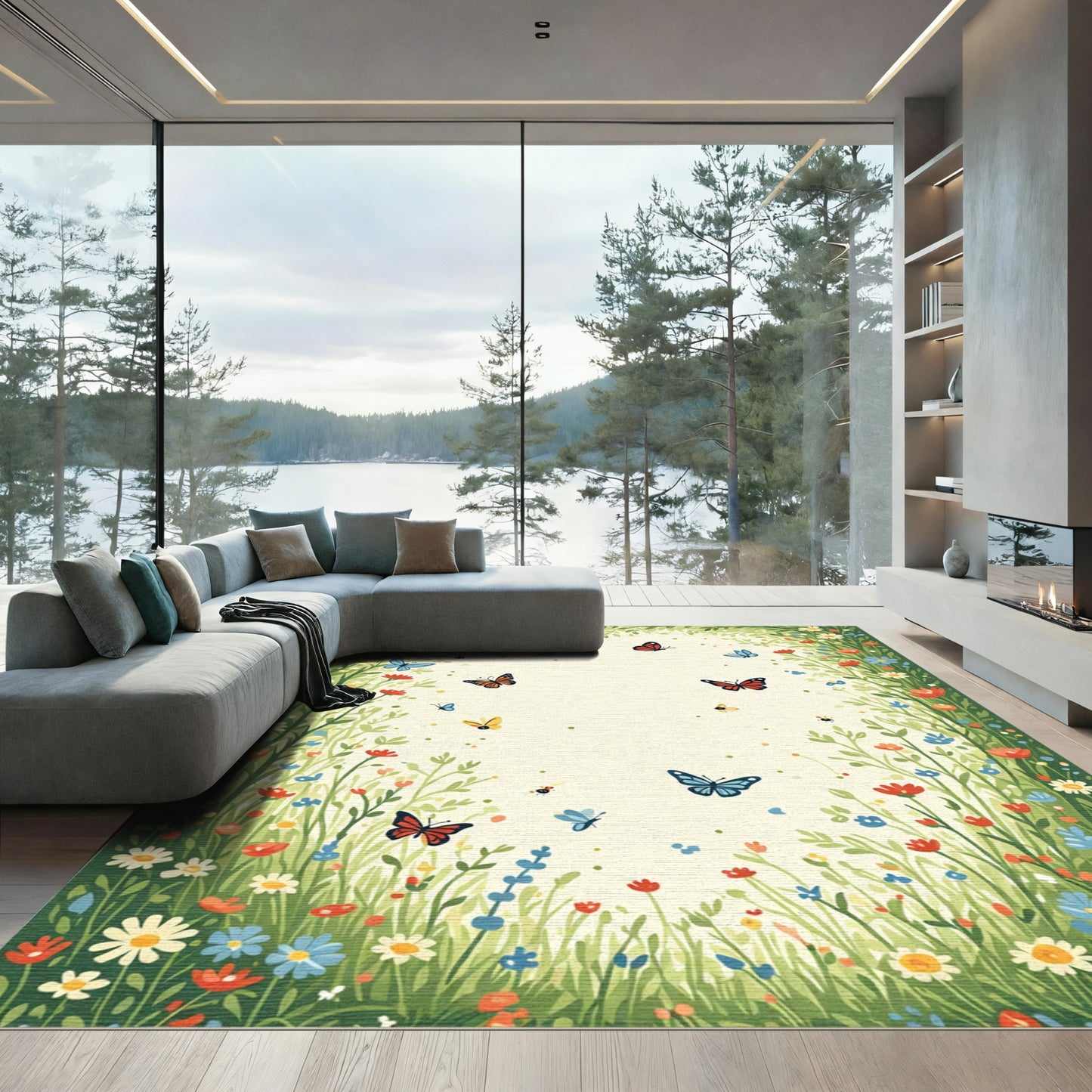Whimsical Colorful Butterfly Garden Meadow Rug