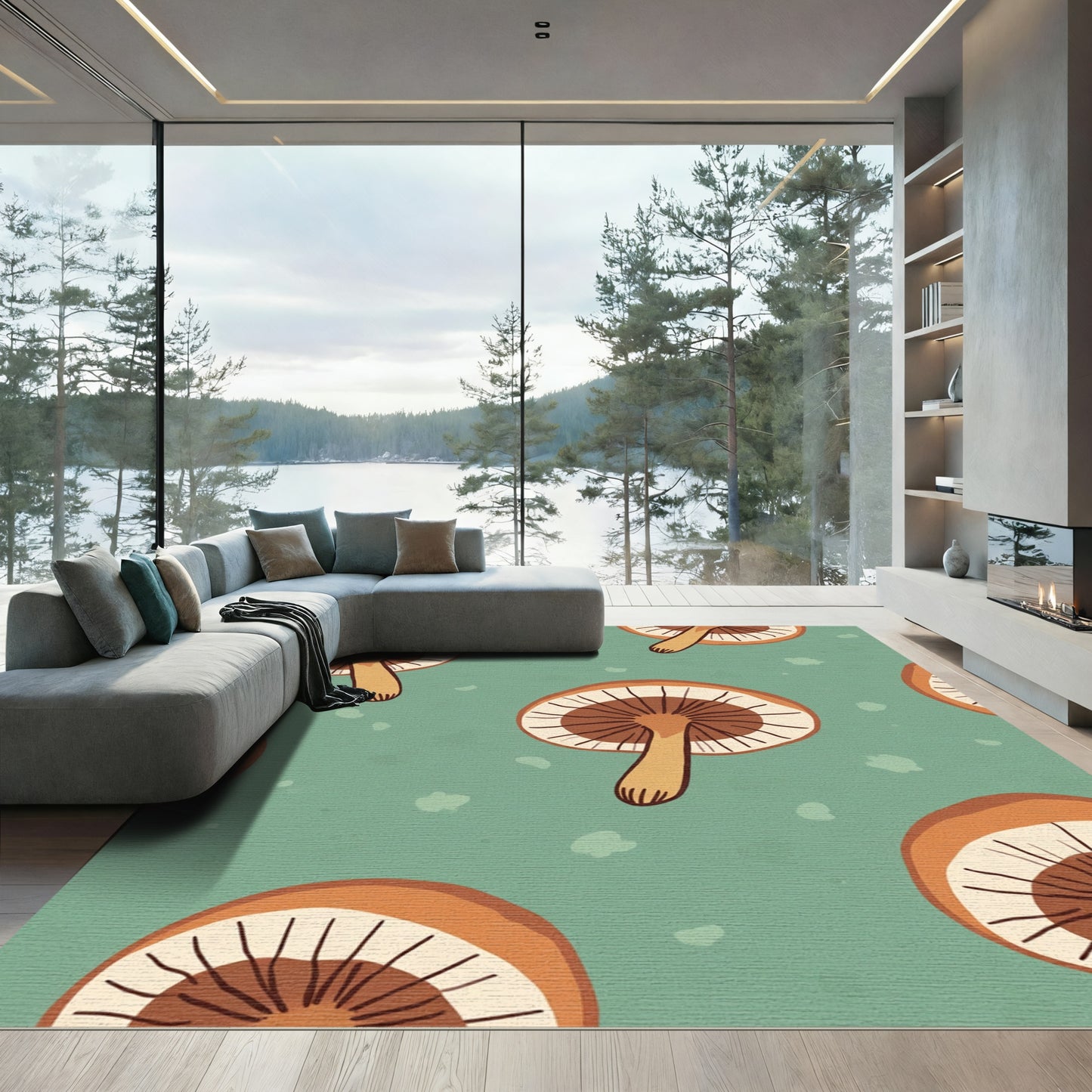 Whimsical Brown Mushroom Teal Background Rug