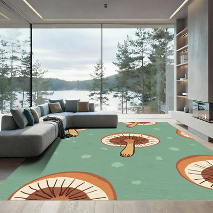 Whimsical Brown Mushroom Teal Background Rug