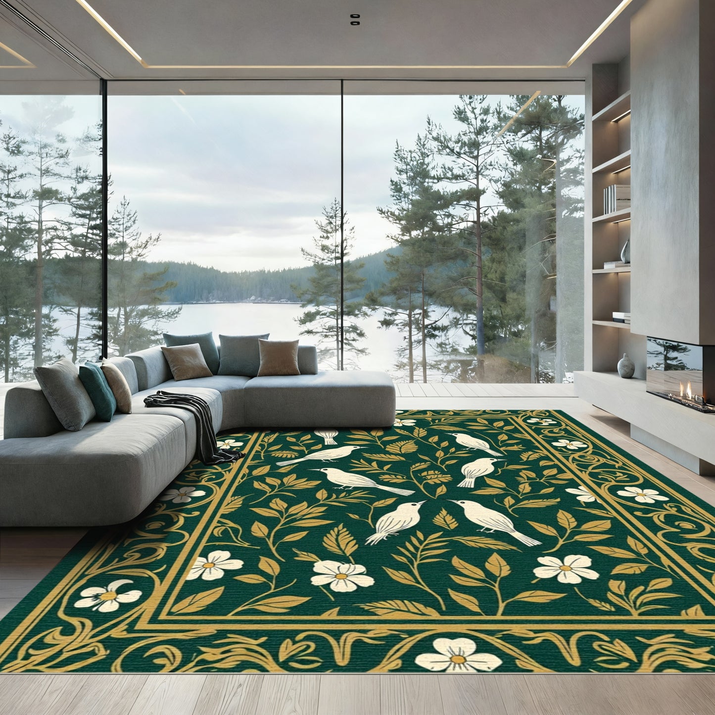 Emerald Green White Bird Floral Border Rug