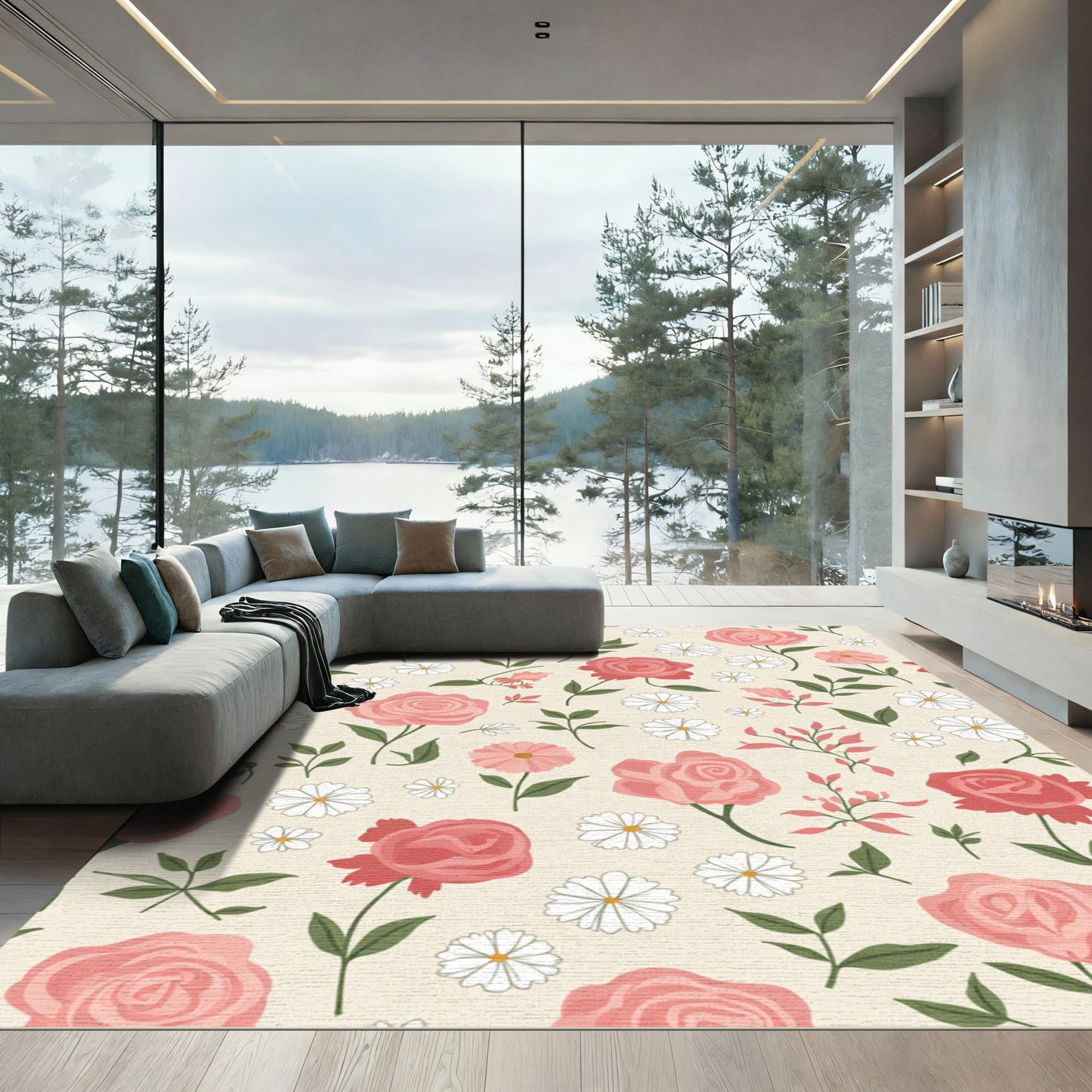 Charming Pink Rose Daisy Garden Rug