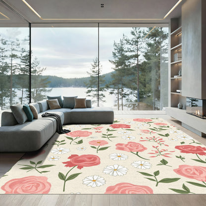 Charming Pink Rose Daisy Garden Rug