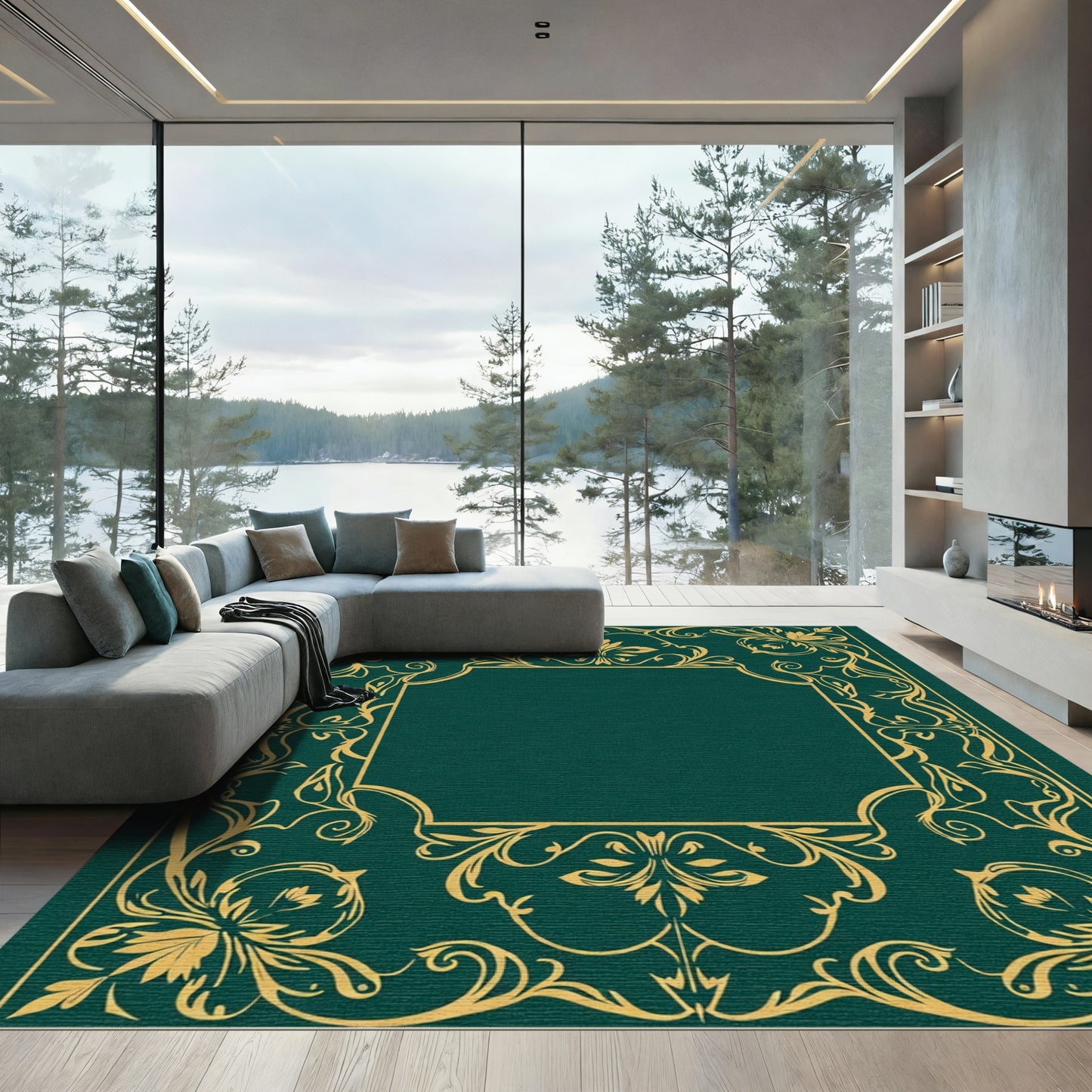 Emerald Gold Flourish Crest Rug